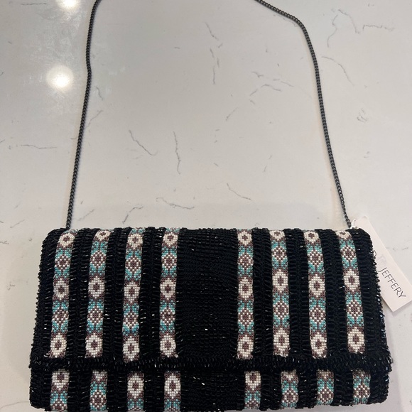 NWT David Jeffery Crossbody  Bag Beaded Black & Multicolor Aztec - Picture 2 of 6